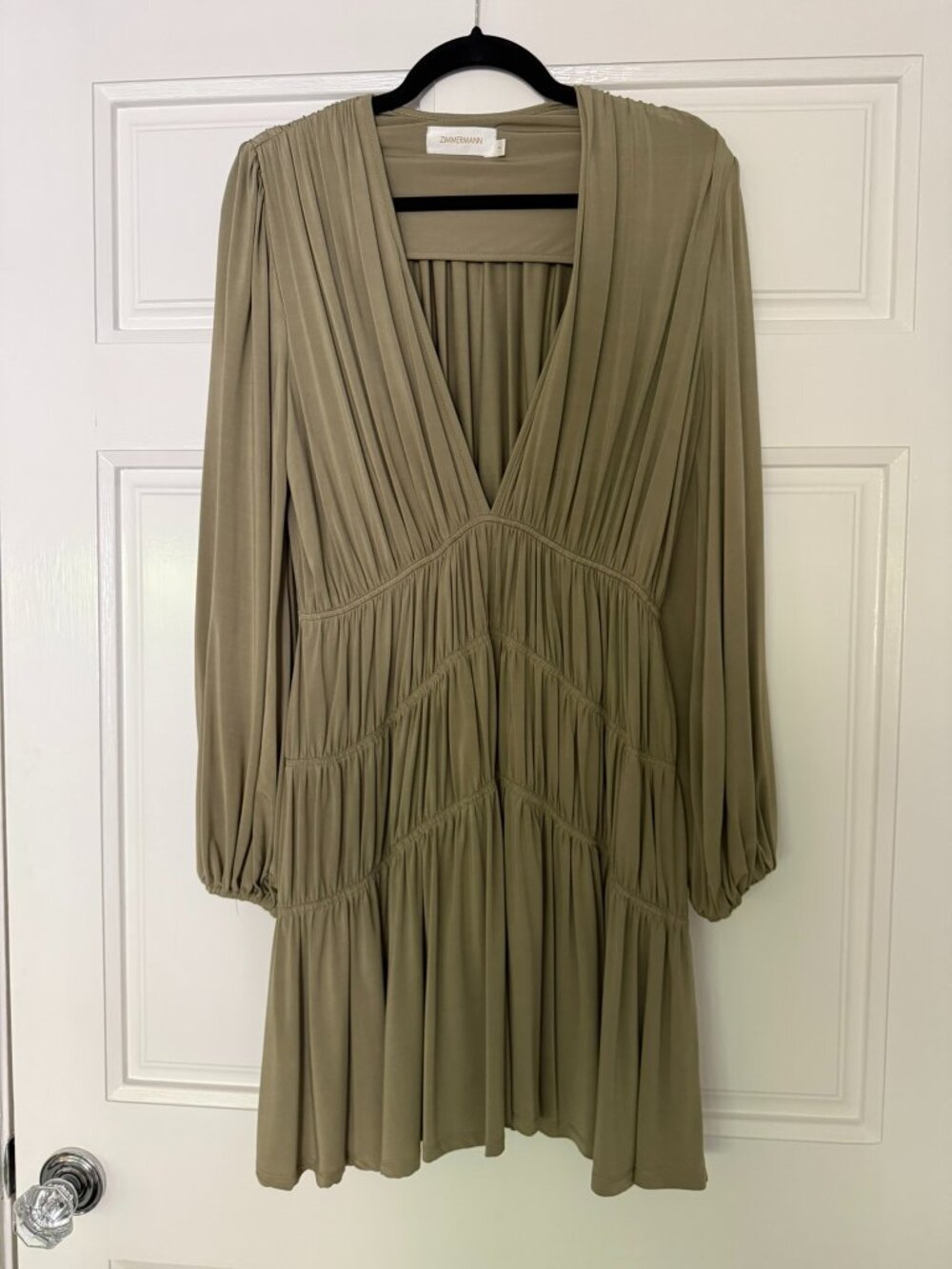 Zimmermann Olive Ruched Tiered Mini Dress Plunge V Blouson Sleeve Size 1 US 4